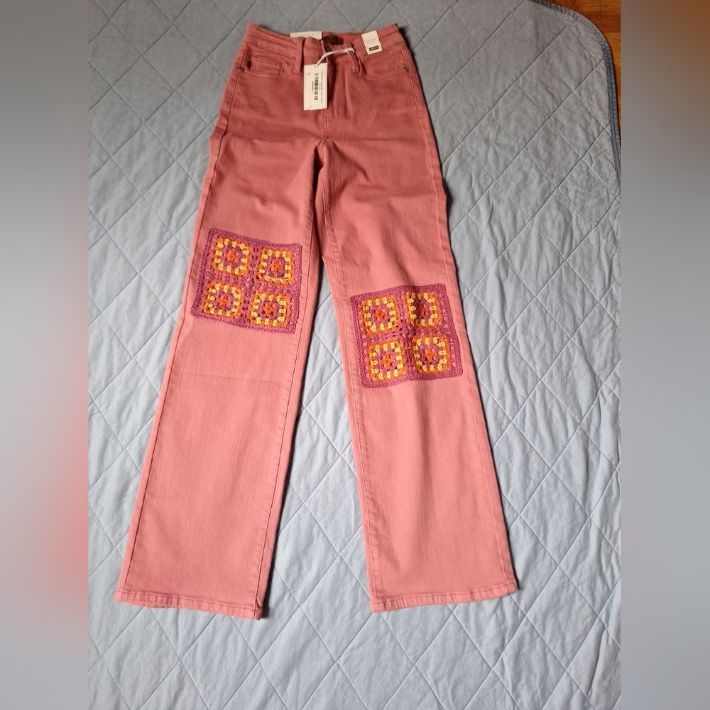 Judy Blue High-Waisted Jeans Crochet Patchwork Knee Pink Mauve Sz 1/25